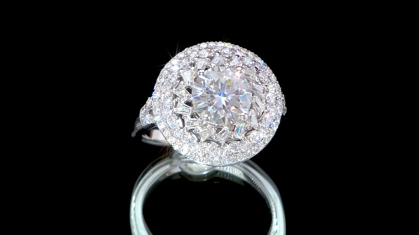 TLV Moissanite (Rnd 8mm) Ring in Rhodium Over Sterling Silver (Size 7.0) 2.50 ctw