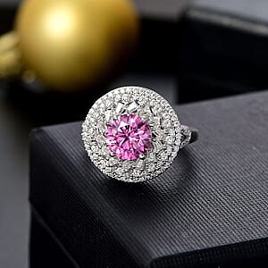 D'Joy Pink Moissanite and Moissanite 2.90 ctw Spiral Galaxy Ring in Rhodium Over Sterling Silver (Size 7.0)