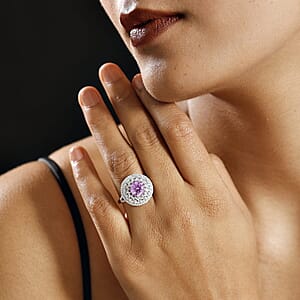 D'Joy Pink Moissanite and Moissanite 2.90 ctw Spiral Galaxy Ring in Rhodium Over Sterling Silver (Size 7.0)