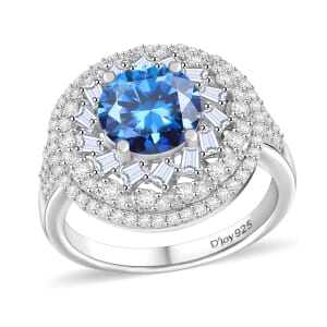 D'Joy Blue Moissanite and Moissanite 3.40 ctw Spiral Galaxy Ring in Rhodium Over Sterling Silver (Size 7.0)
