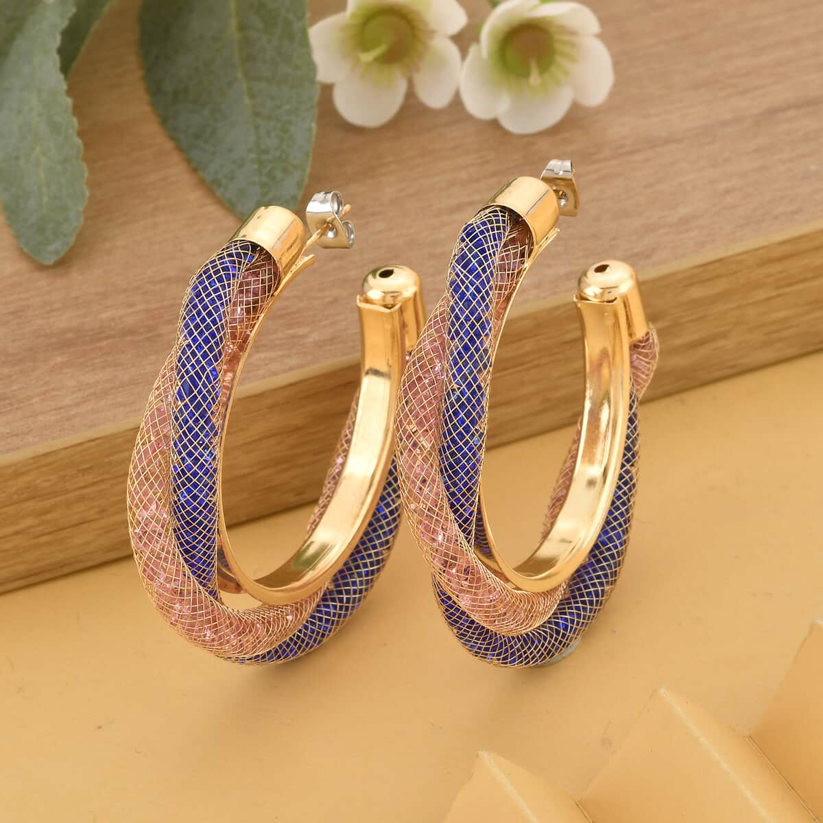 Doorbuster Multi Color Austrian Crystal Twisted Half Hoop Earrings in Goldtone image number 1