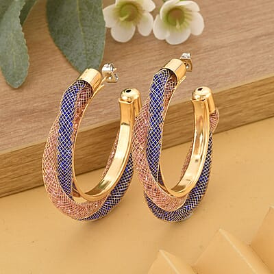 Multi Color Austrian Crystal Twisted Half Hoop Earrings in Goldtone