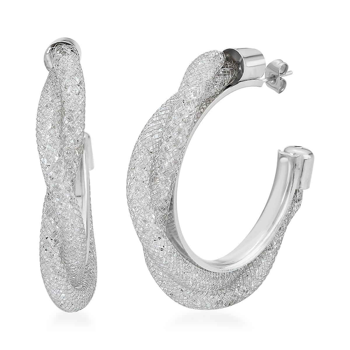 White Austrian Crystal Twisted Half Hoop Earrings in Silvertone