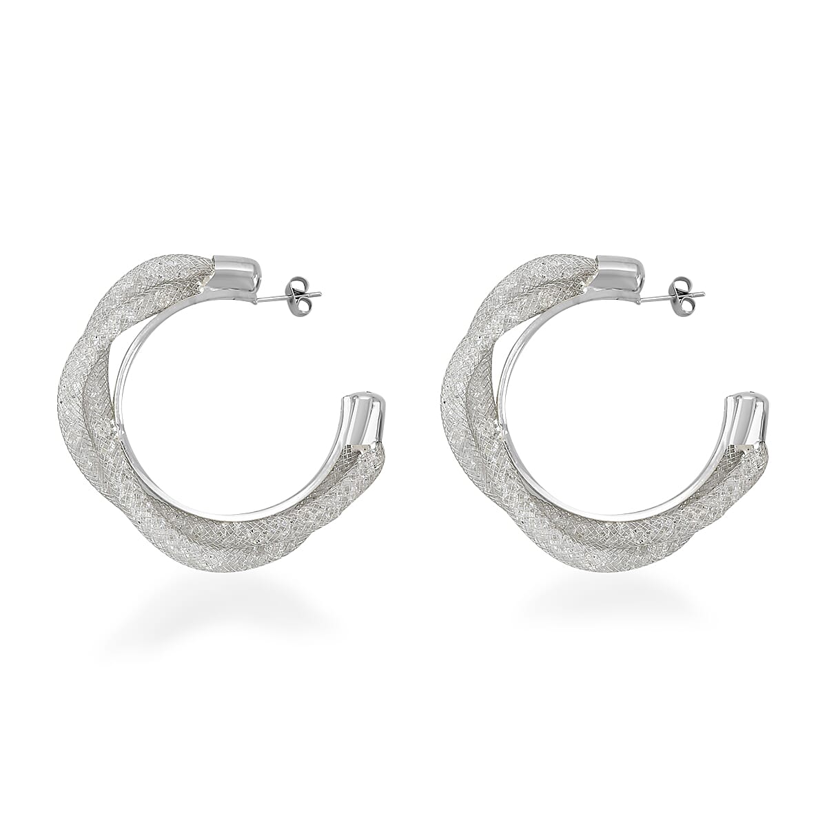 White Austrian Crystal Twisted Half Hoop Earrings in Silvertone