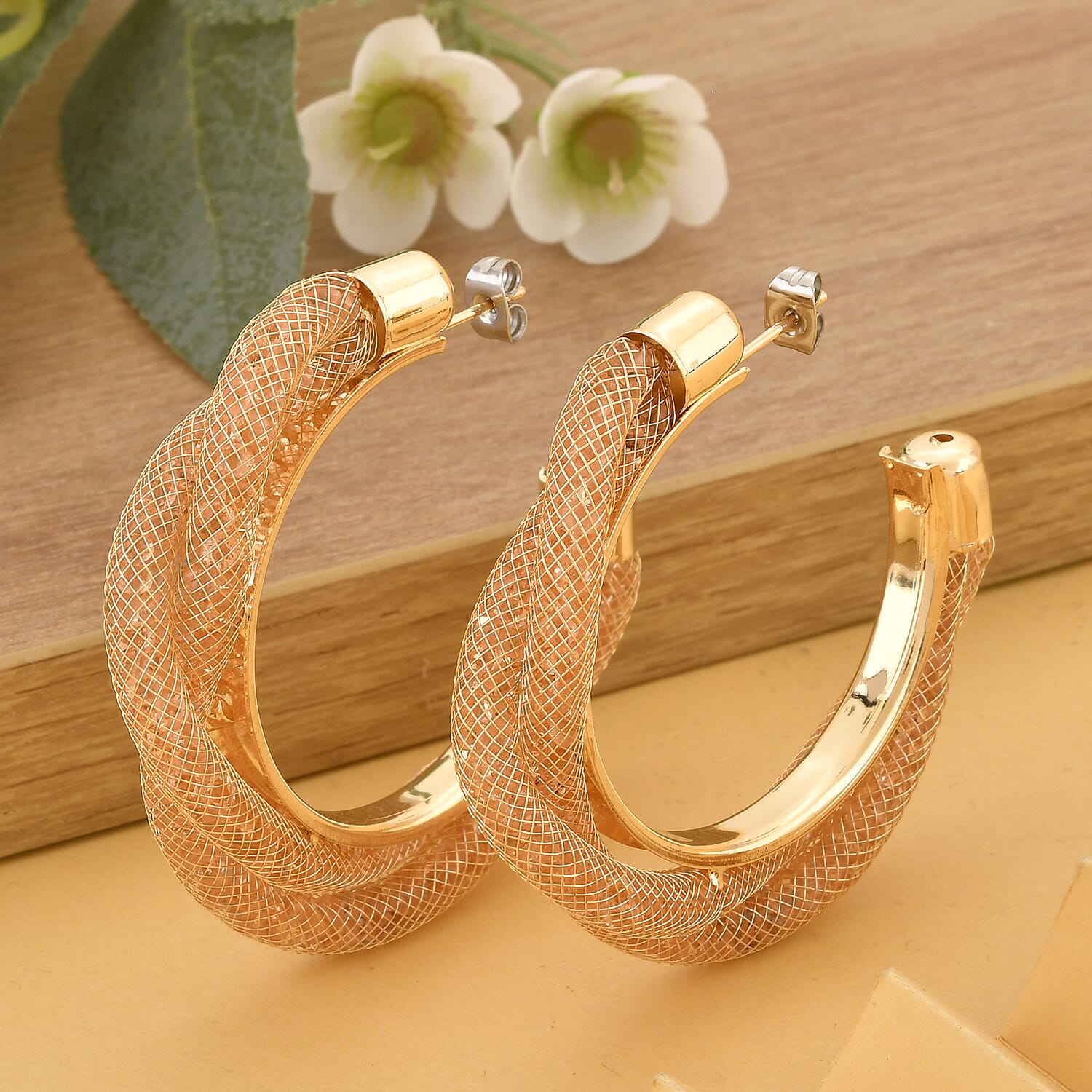 Champagne Color Austrian Crystal Twisted Half Hoop Earrings in Goldtone