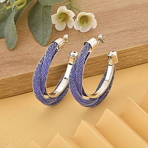 Blue Austrian Crystal Twisted Half Hoop Earrings in Silvertone