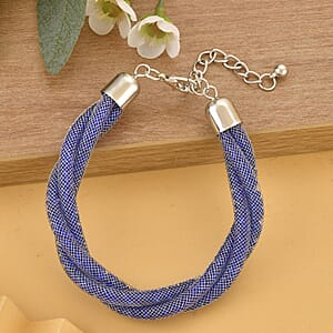 Blue Austrian Crystal Twisted Double Row Bracelet in Silvertone (8-10In)