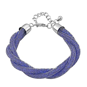 Blue Austrian Crystal Twisted Double Row Bracelet in Silvertone (8-10In)