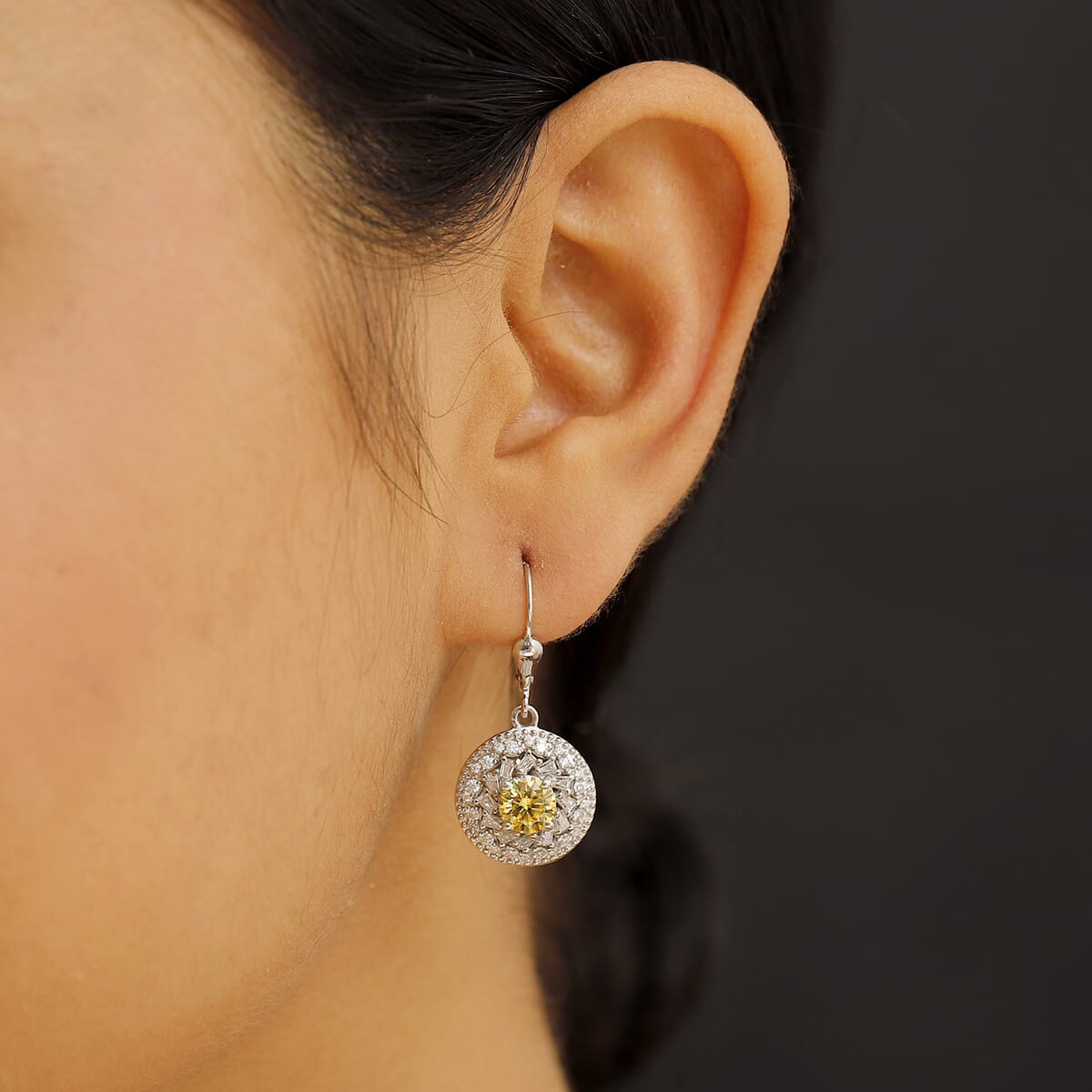 D'Joy Yellow Moissanite and White Moissanite 2.60 ctw Spiral Galaxy Earrings in Rhodium Over Sterling Silver image number 2