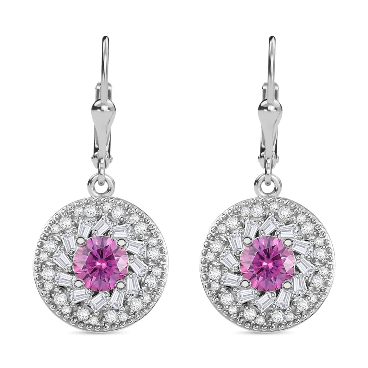 Pink and White Moissanite 2.60 ctw Lever Back Earrings in Rhodium Over Sterling Silver image number 0