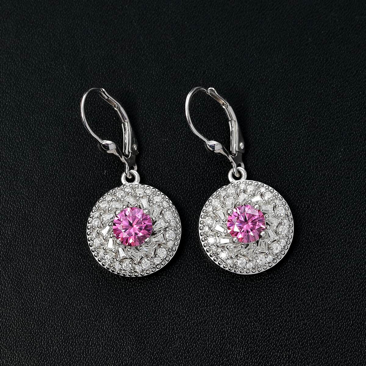 Pink and White Moissanite 2.60 ctw Lever Back Earrings in Rhodium Over Sterling Silver image number 1