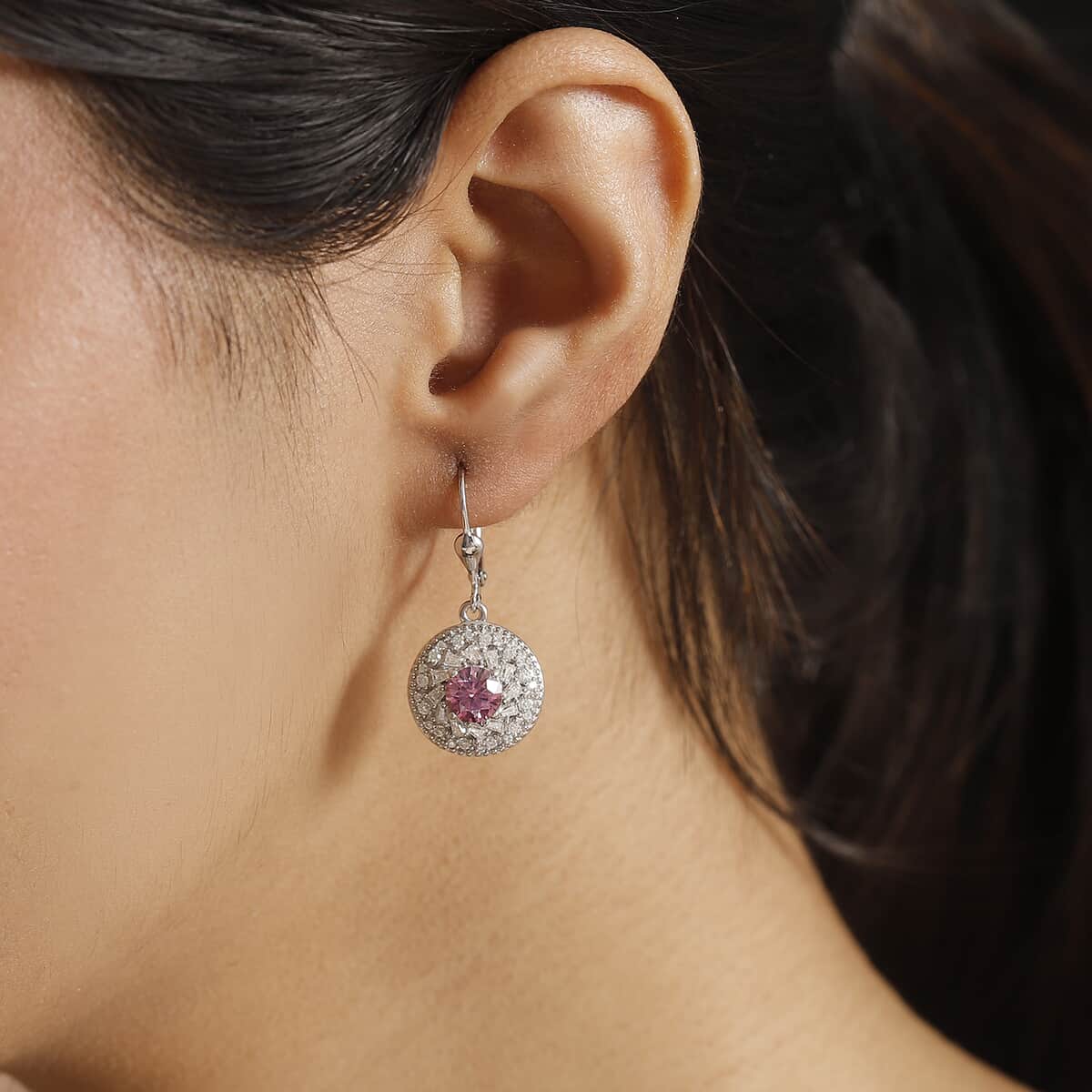 Pink and White Moissanite 2.60 ctw Lever Back Earrings in Rhodium Over Sterling Silver image number 2