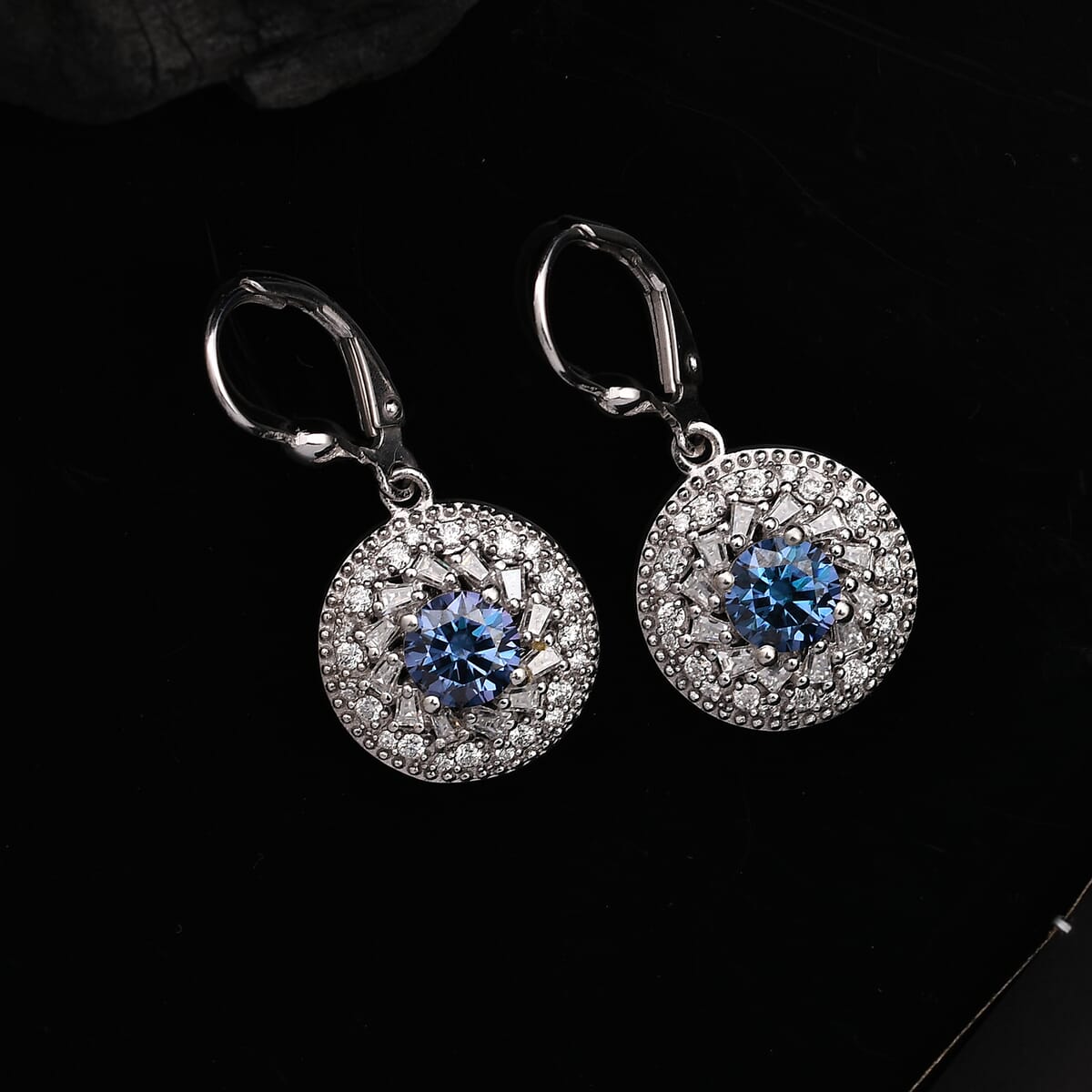 D'Joy Blue Moissanite and White Moissanite 2.70 ctw Spiral Galaxy Earrings in Rhodium Over Sterling Silver image number 1