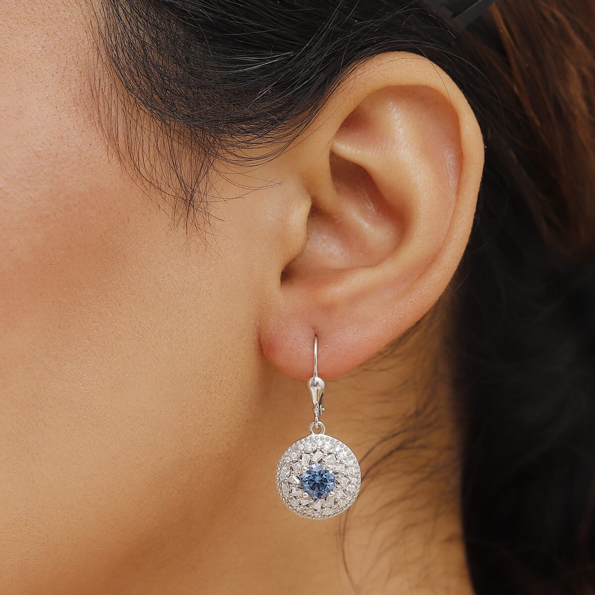 D'Joy Blue Moissanite and White Moissanite 2.70 ctw Spiral Galaxy Earrings in Rhodium Over Sterling Silver image number 2