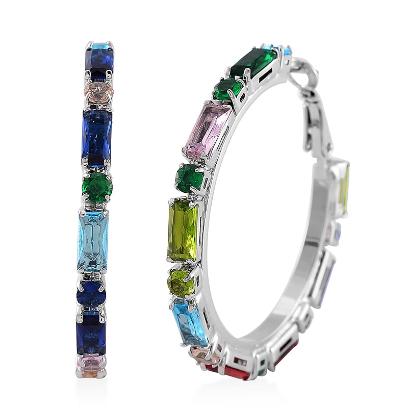 Simulated Multi Color Diamond 5.00 ctw Hoop Earrings in Silvertone