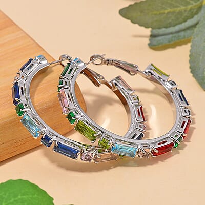 Simulated Multi Color Diamond 5.00 ctw Hoop Earrings in Silvertone
