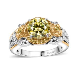 D'Joy Yellow and White Moissanite, Yellow Sapphire 2.15 ctw Blooming Rose Ring in 18K Vermeil YG and Rhodium Over Sterling Silver (Size 9.0) 