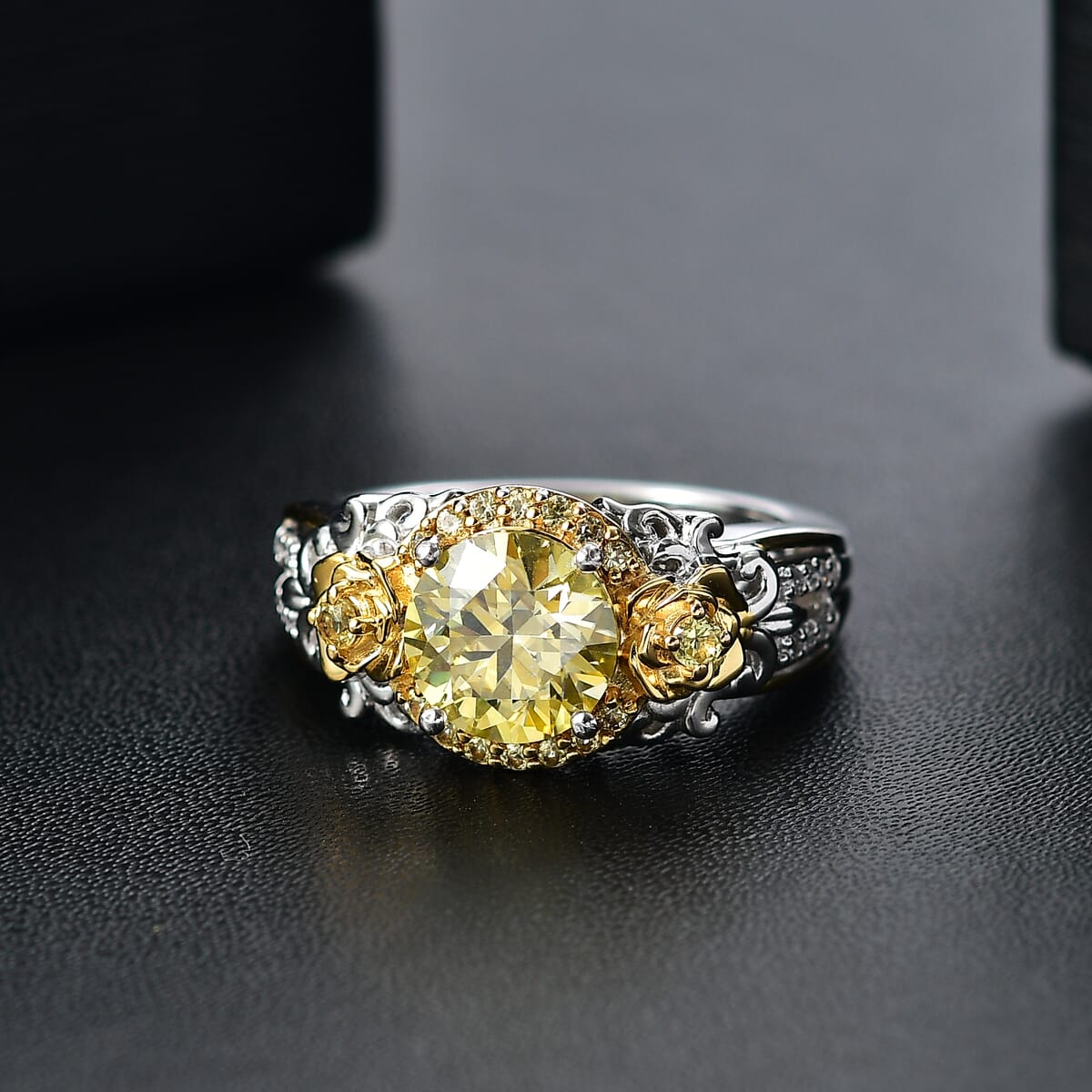 Yellow Moissanite, Yellow Sapphire and Moissanite 2.15 ctw Ring in 18K Vermeil YG and Rhodium Over Sterling Silver (Size 9.0)  image number 1