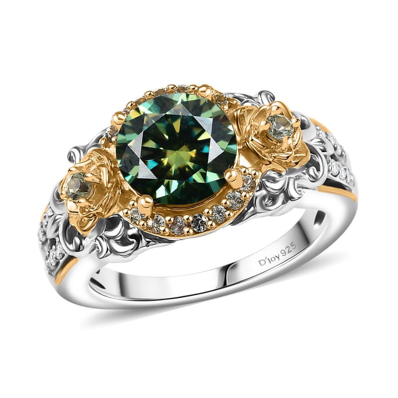 D'Joy Green and White Moissanite, Green Sapphire 2.10 ctw Blooming Rose Ring in 18K Vermeil YG and Rhodium Over Sterling Silver (Size 10.0)