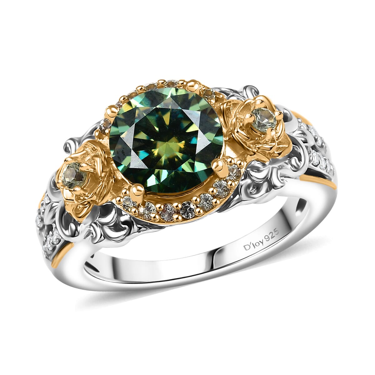 Green Moissanite, Green Sapphire and Moissanite 2.10 ctw Ring in 18K Vermeil YG and Rhodium Over Sterling Silver (Size 5.0) image number 0
