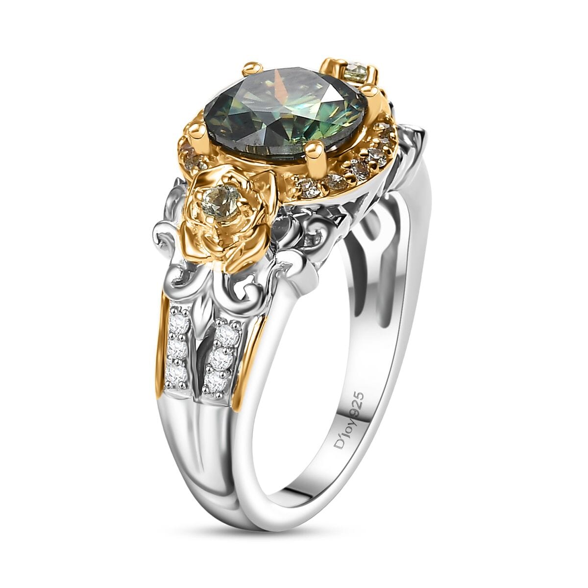 Green Moissanite, Green Sapphire and Moissanite 2.10 ctw Ring in 18K Vermeil YG and Rhodium Over Sterling Silver (Size 6.0) image number 3