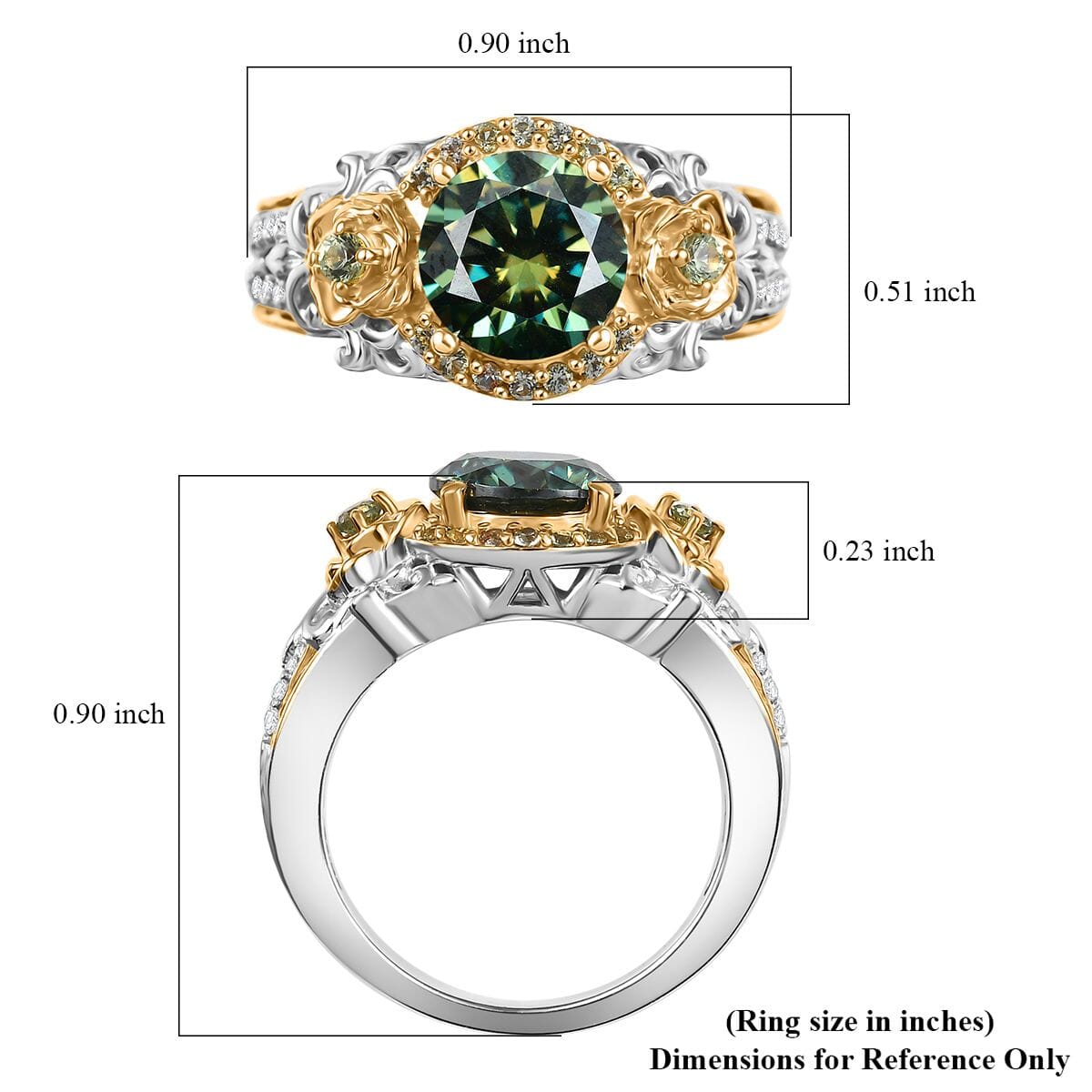 Green Moissanite, Green Sapphire and Moissanite 2.10 ctw Ring in 18K Vermeil YG and Rhodium Over Sterling Silver (Size 6.0) image number 5