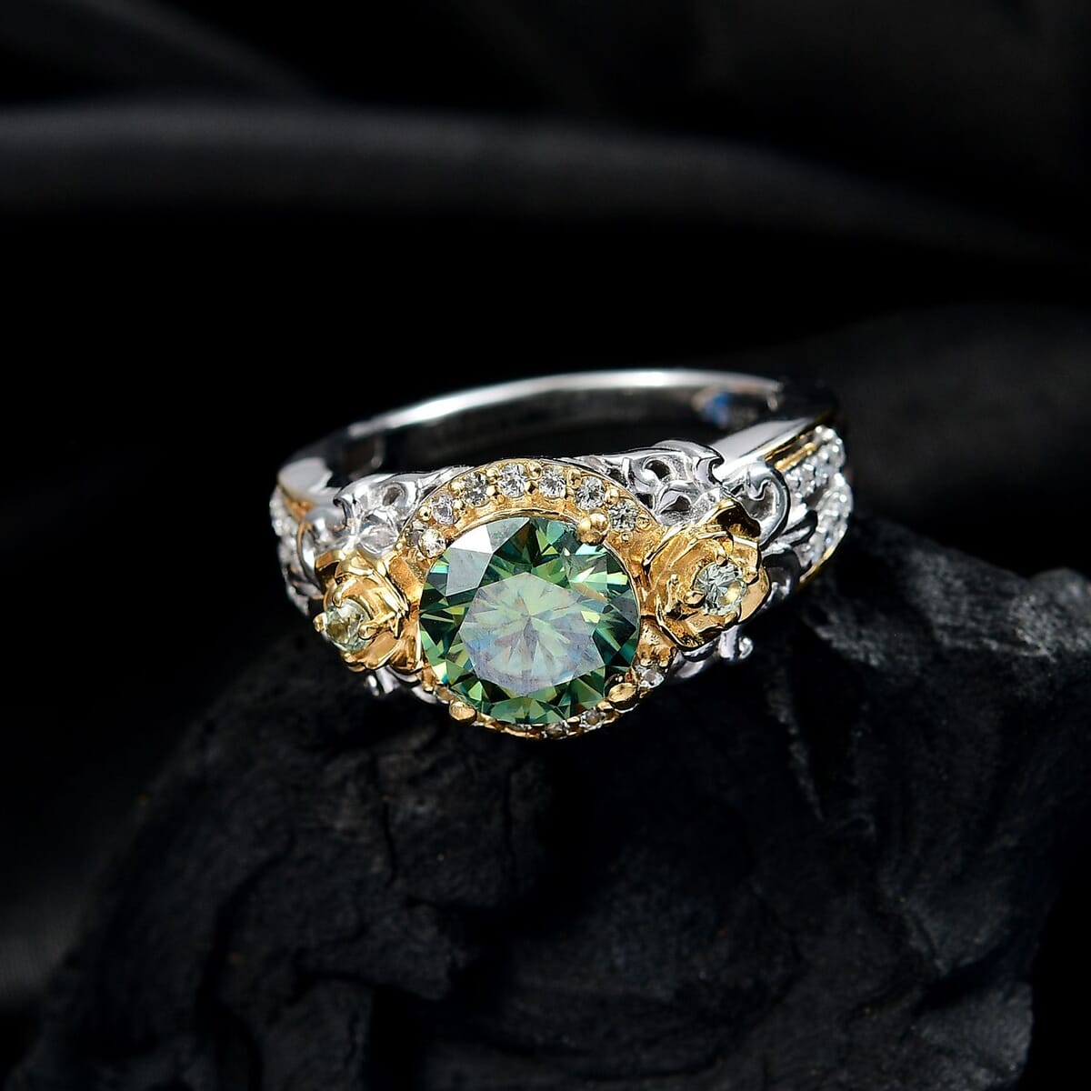Green Moissanite, Green Sapphire and Moissanite 2.10 ctw Ring in 18K Vermeil YG and Rhodium Over Sterling Silver (Size 9.0) image number 1