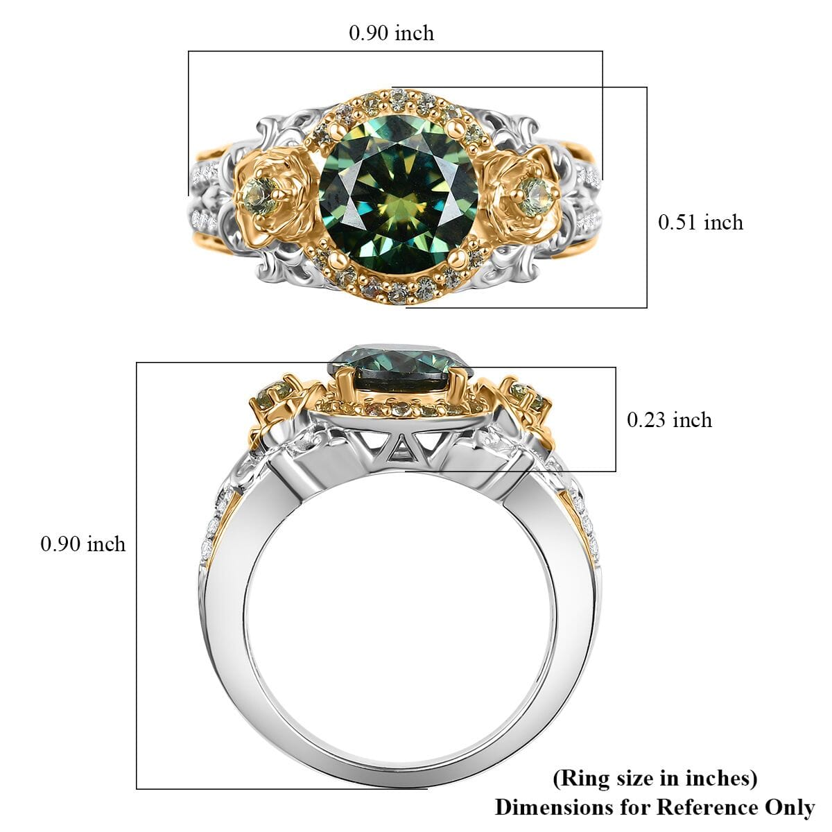 Green Moissanite, Green Sapphire and Moissanite 2.10 ctw Ring in 18K Vermeil YG and Rhodium Over Sterling Silver (Size 9.0) image number 5