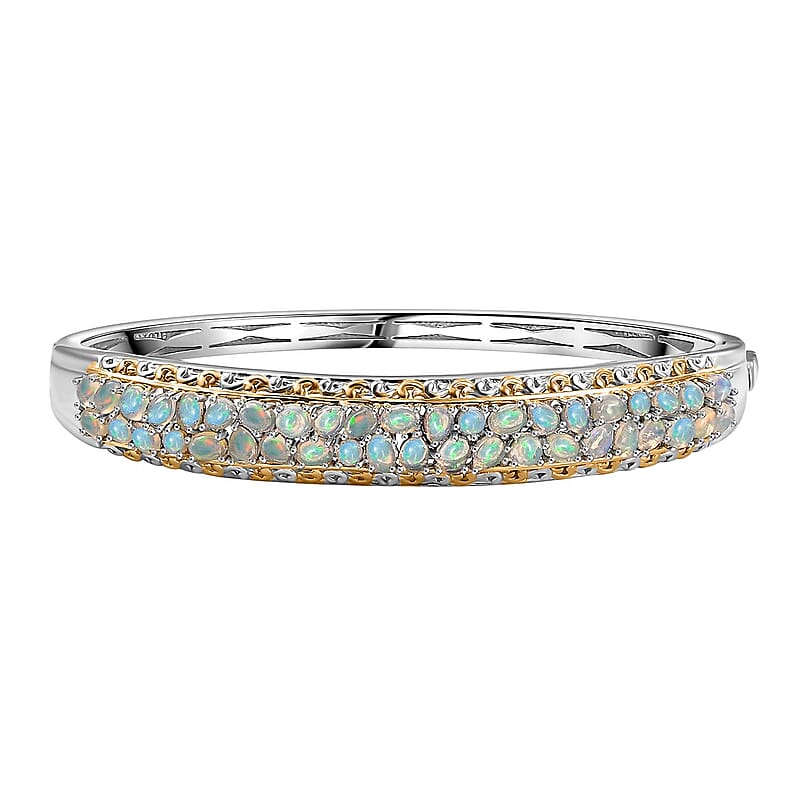 Ethiopian Welo Opal 4.20 ctw Aurora Cascade Bangle Bracelet in 18K Vermeil YG and Rhodium Over Sterling Silver (7.25 In)
