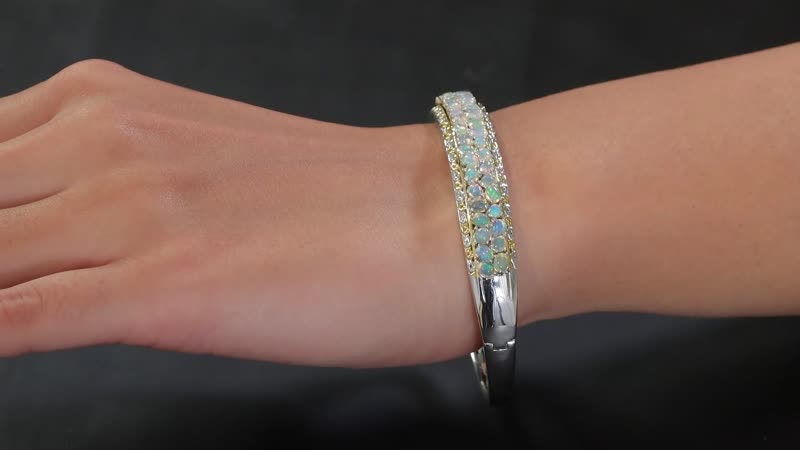 Ethiopian Welo Opal 4.20 ctw Aurora Cascade Bangle Bracelet in 18K Vermeil YG and Rhodium Over Sterling Silver (7.25 In)