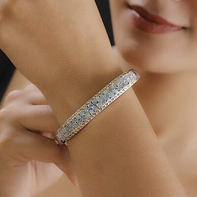 Ethiopian Welo Opal 4.20 ctw Aurora Cascade Bangle Bracelet in 18K Vermeil YG and Rhodium Over Sterling Silver (7.25 In)