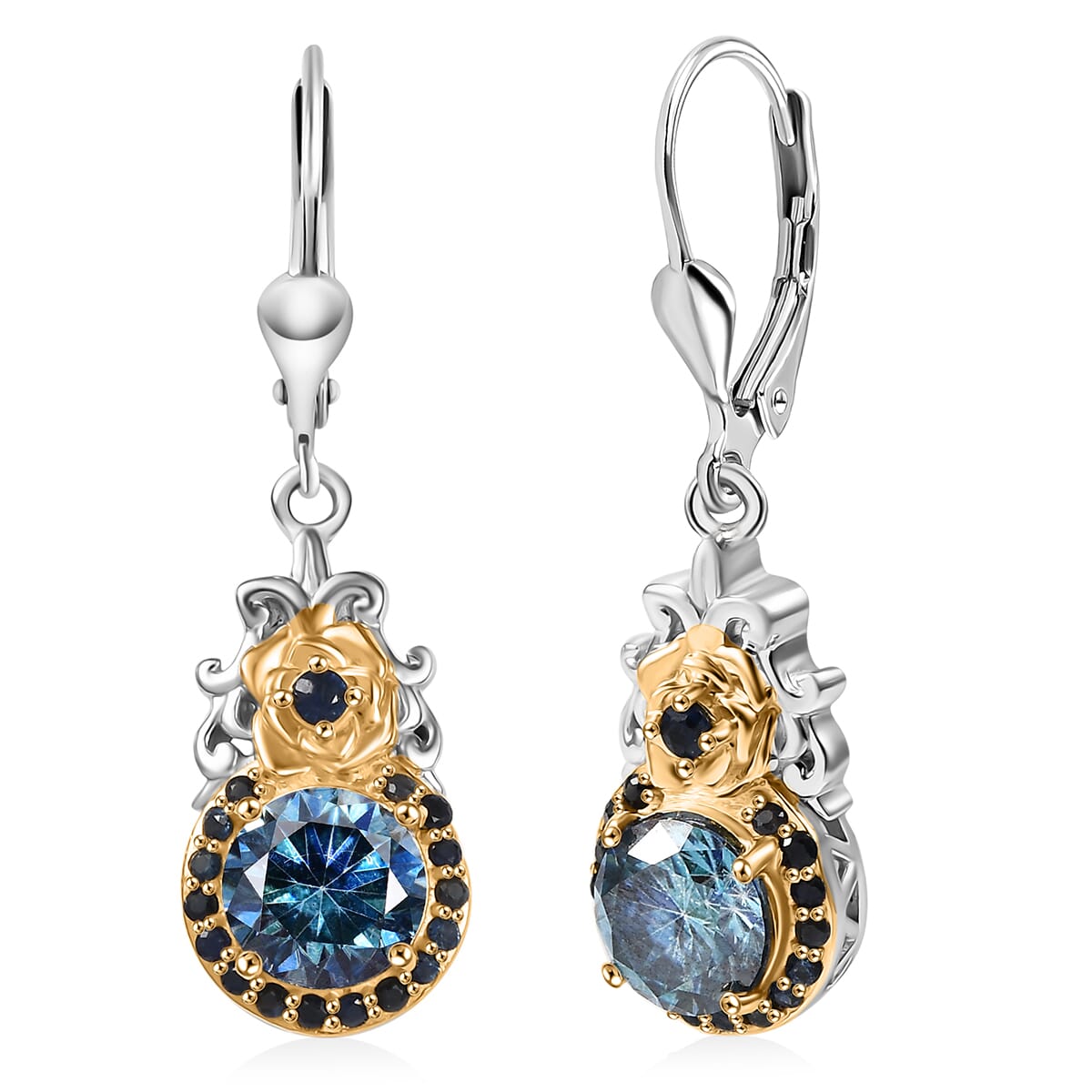 Blue Moissanite and Blue Sapphire 3.00 ctw Lever Back Earrings in 18K Vermeil YG and Rhodium Over Sterling Silver image number 0