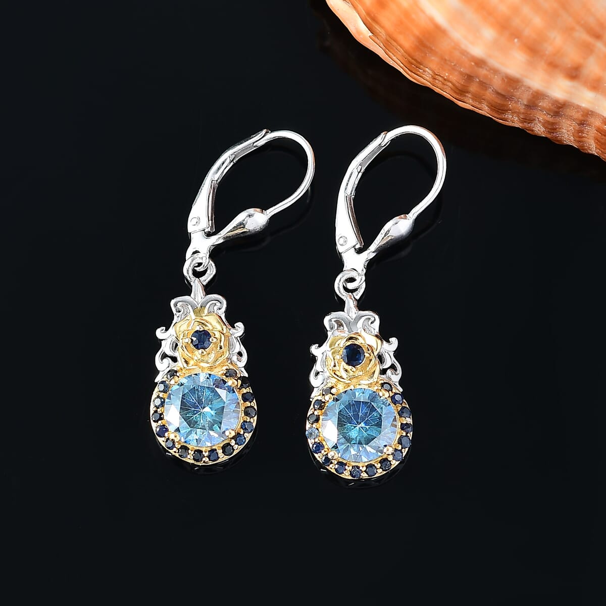 Blue Moissanite and Blue Sapphire 3.00 ctw Lever Back Earrings in 18K Vermeil YG and Rhodium Over Sterling Silver image number 1