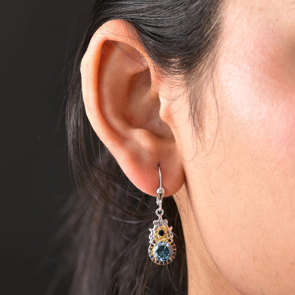 Blue Moissanite and Blue Sapphire 3.00 ctw Lever Back Earrings in 18K Vermeil YG and Rhodium Over Sterling Silver image number 2
