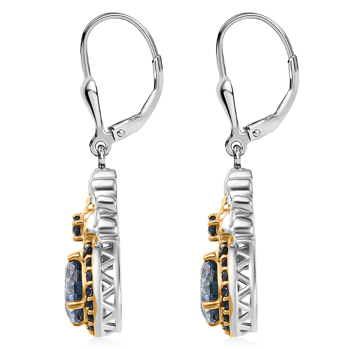 Blue Moissanite and Blue Sapphire 3.00 ctw Lever Back Earrings in 18K Vermeil YG and Rhodium Over Sterling Silver image number 3