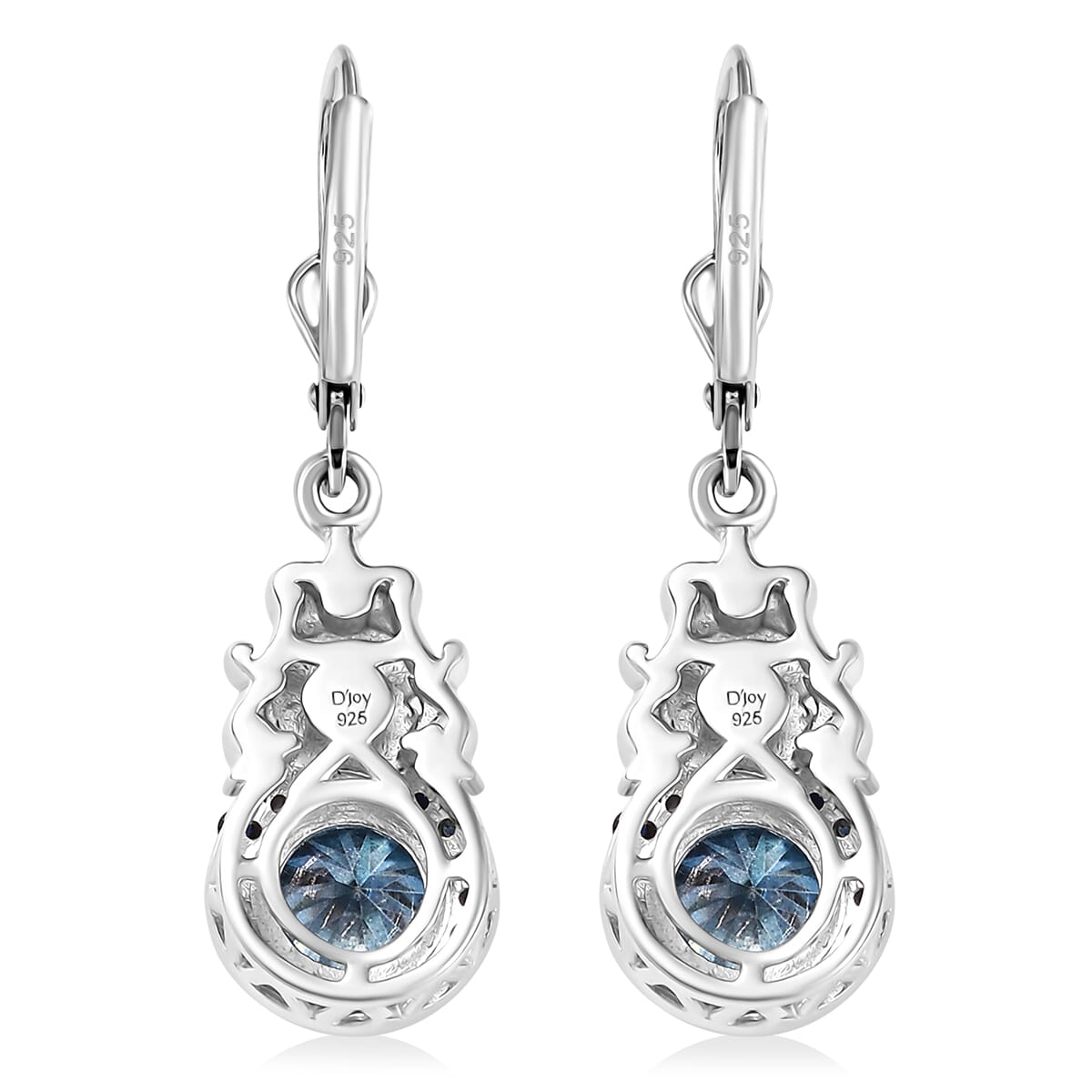 Blue Moissanite and Blue Sapphire 3.00 ctw Lever Back Earrings in 18K Vermeil YG and Rhodium Over Sterling Silver image number 4