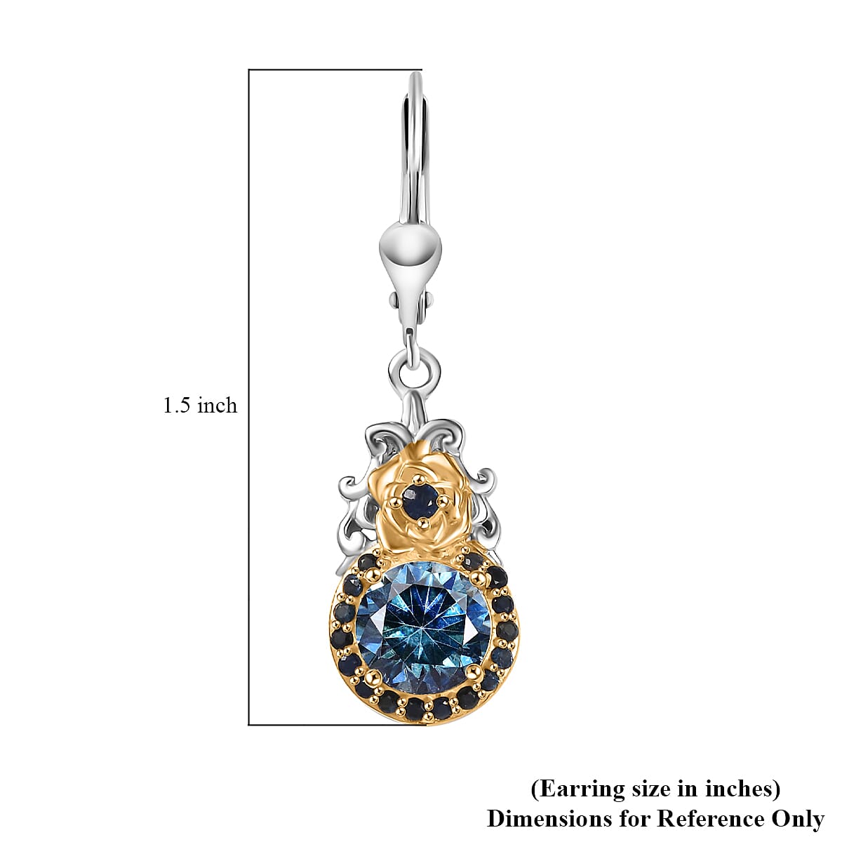 D'Joy Blue Moissanite and Blue Sapphire 3.00 ctw Blooming Rose Earrings in 18K Vermeil YG and Rhodium Over Sterling Silver