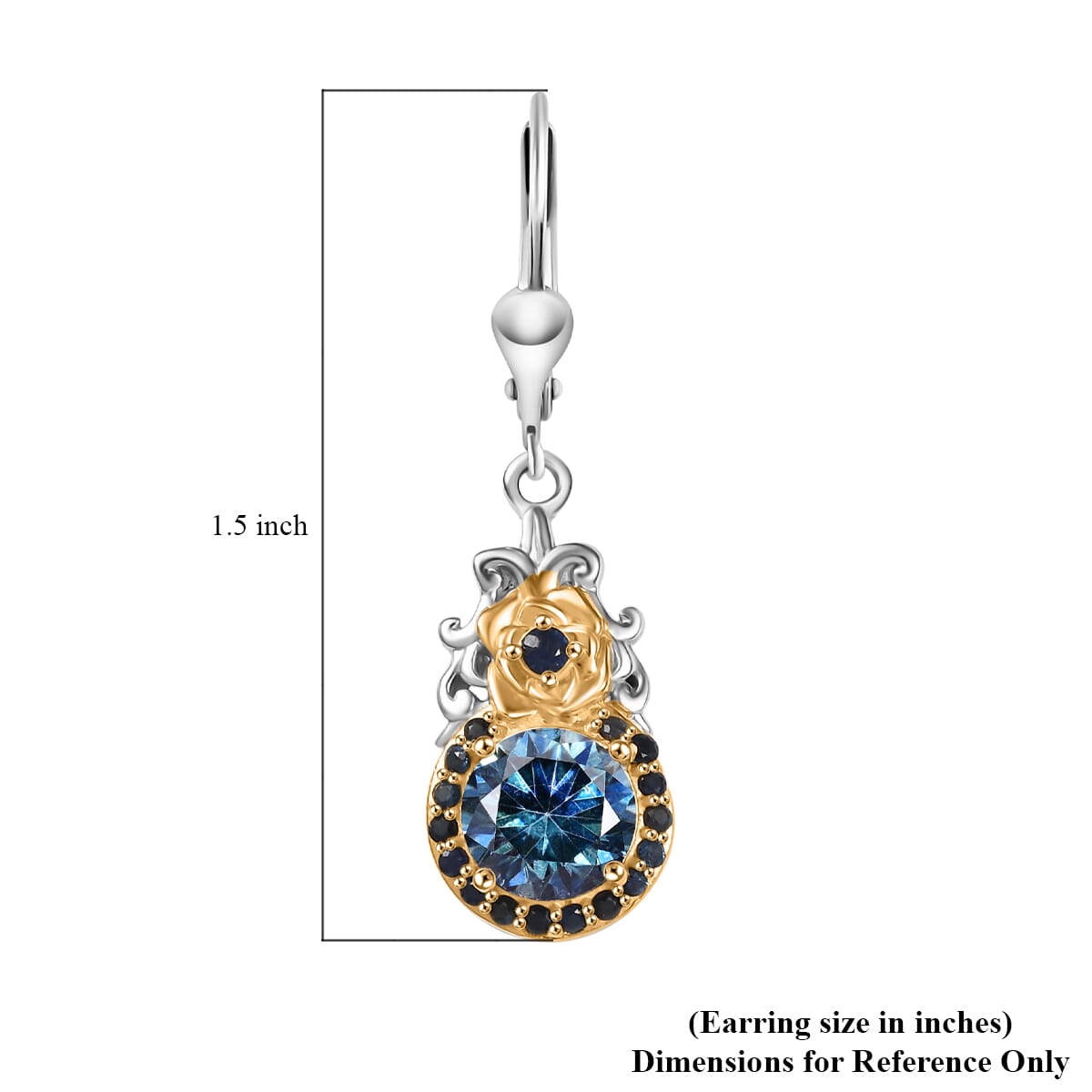 Blue Moissanite and Blue Sapphire 3.00 ctw Lever Back Earrings in 18K Vermeil YG and Rhodium Over Sterling Silver image number 5