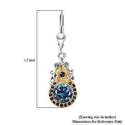 D'Joy Blue Moissanite and Blue Sapphire 3.00 ctw Blooming Rose Earrings in 18K Vermeil YG and Rhodium Over Sterling Silver
