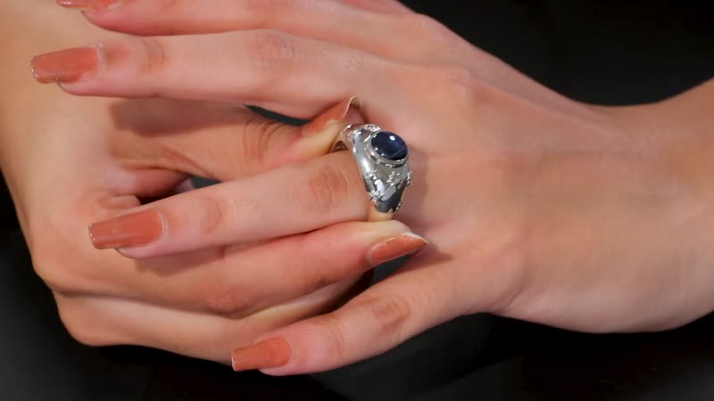 Blue Star Sapphire (DF), Diamond Ring in Rhodium Over Sterling Silver (Size 10.0) 4.30 ctw