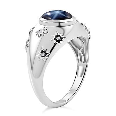 D'Joy Blue Star Sapphire (DF) and Diamond 4.30 ctw Men's Ring in Rhodium Over Sterling Silver (Size 10.0)