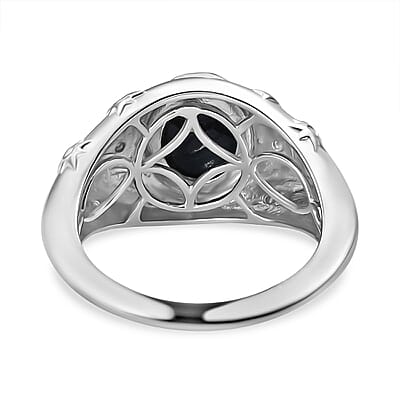 D'Joy Blue Star Sapphire (DF) and Diamond 4.30 ctw Men's Ring in Rhodium Over Sterling Silver (Size 10.0)