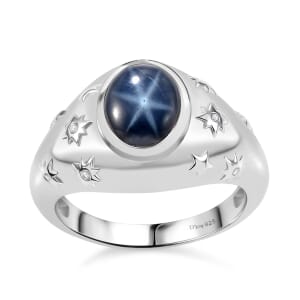 Blue Star Sapphire (DF) and Diamond 4.30 ctw Men's Ring in Rhodium Over Sterling Silver (Size 11.0)