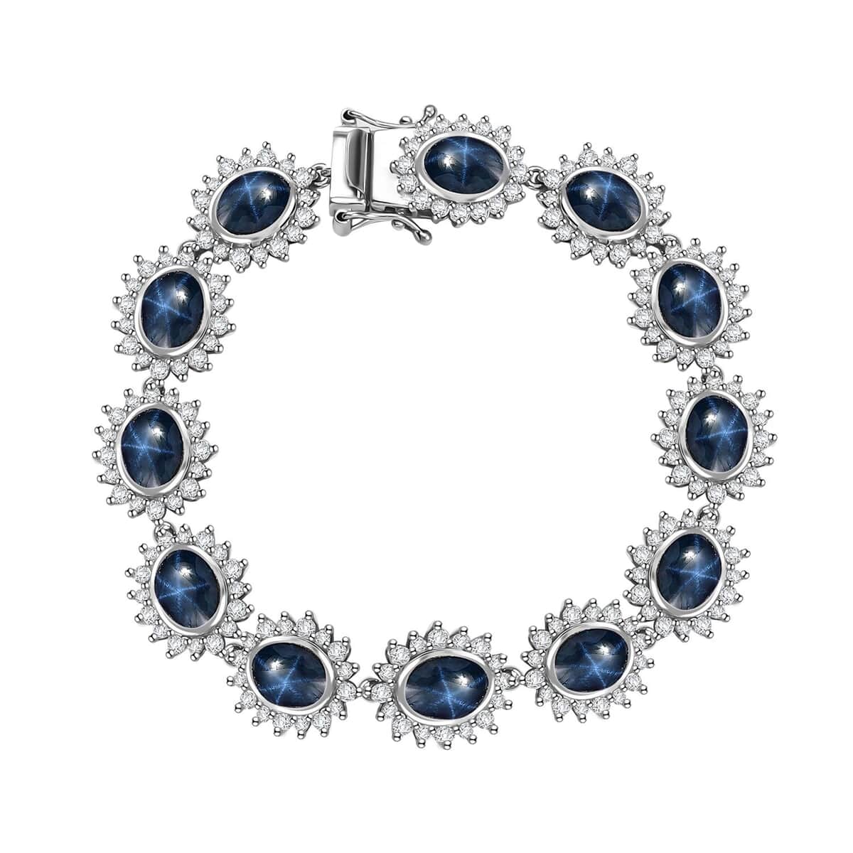 Blue Star Sapphire (DF) and White Zircon 33.50 ctw Starburst Bracelet in Rhodium Over Sterling Silver (7.25 In) image number 0