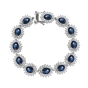 Blue Star Sapphire (DF) and White Zircon 33.50 ctw Starburst Bracelet in Rhodium Over Sterling Silver (7.25 In)