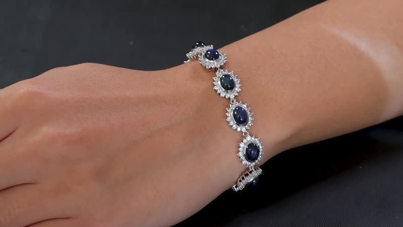 Blue Star Sapphire (DF) and White Zircon 31.40 ctw Bracelet in Rhodium Over Sterling Silver (7.25 In)