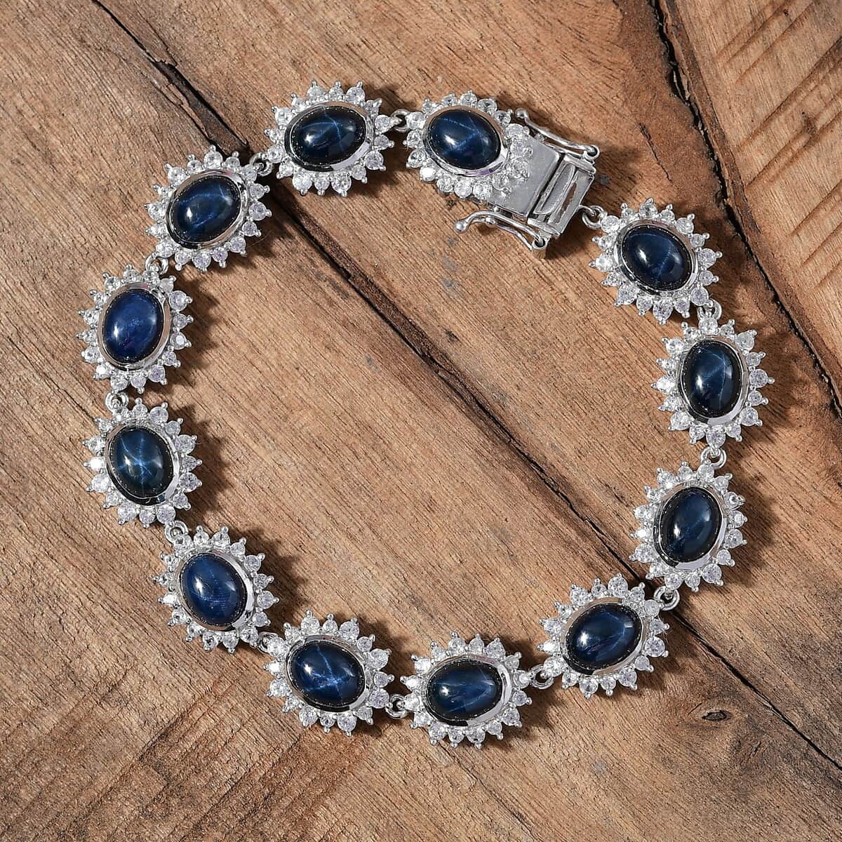 Blue Star Sapphire (DF) and White Zircon 33.50 ctw Starburst Bracelet in Rhodium Over Sterling Silver (7.25 In) image number 1