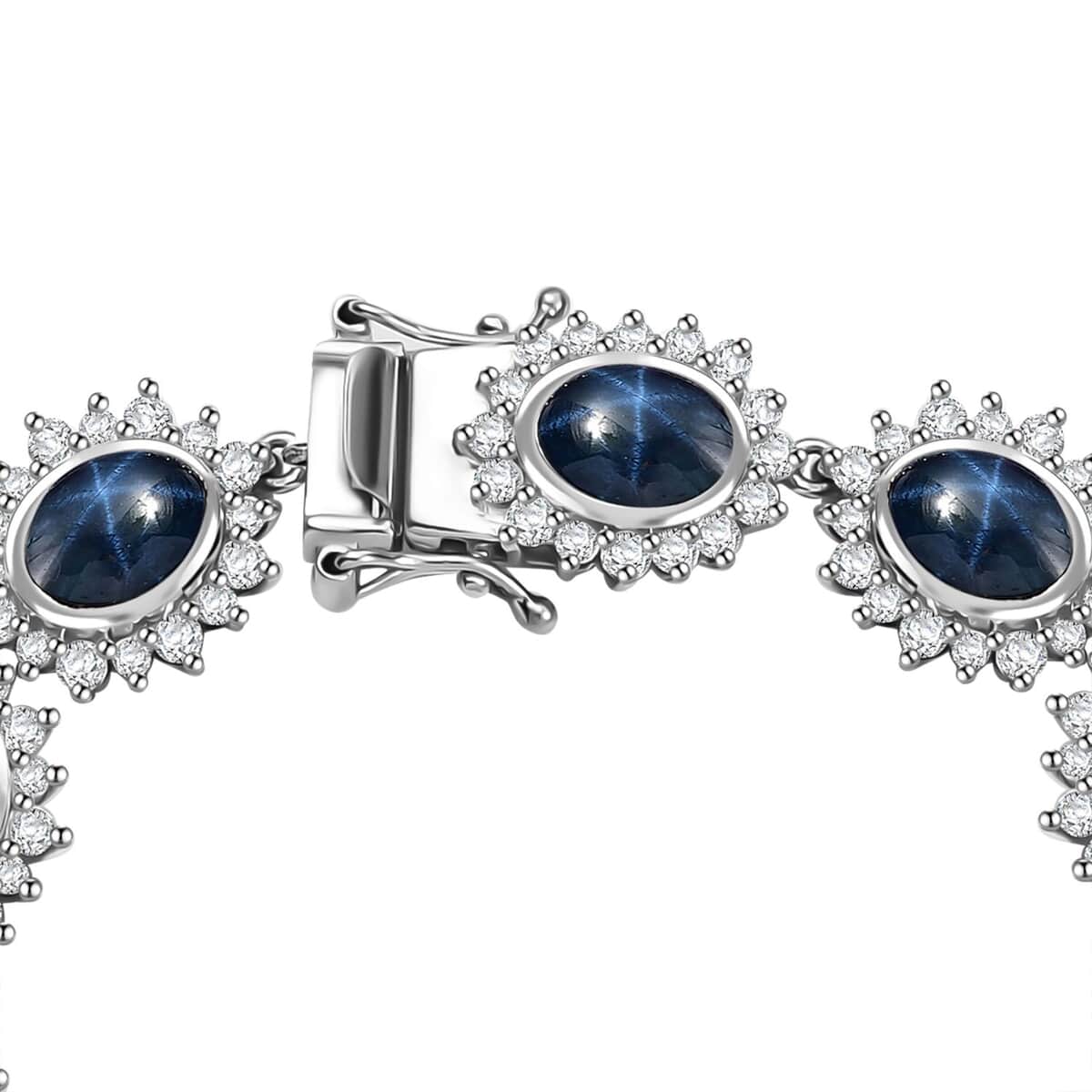 Blue Star Sapphire (DF) and White Zircon 33.50 ctw Starburst Bracelet in Rhodium Over Sterling Silver (7.25 In) image number 3