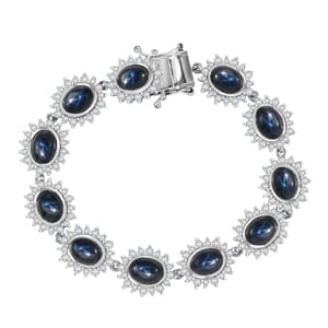 Blue Star Sapphire (DF) and White Zircon 30.75 ctw Starburst Bracelet in Rhodium Over Sterling Silver (6.50 In)