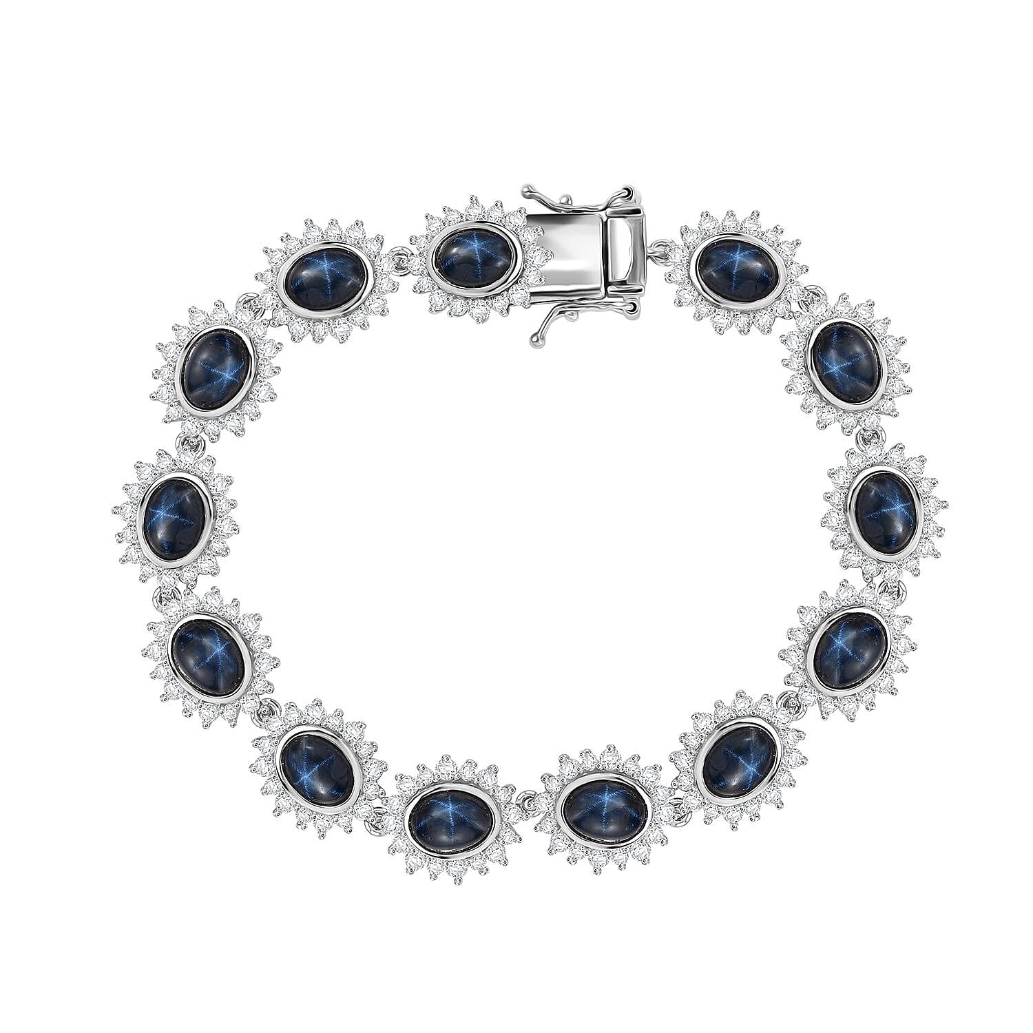 D'Joy Blue Star Sapphire (DF) and White Zircon 36.35 ctw Starburst Bracelet in Rhodium Over Sterling Silver (8.00 In)
